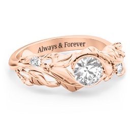 Solitaire Leaf Ring with Accent Stones in 10K Solid Rose Gold with White Premium Zirconia