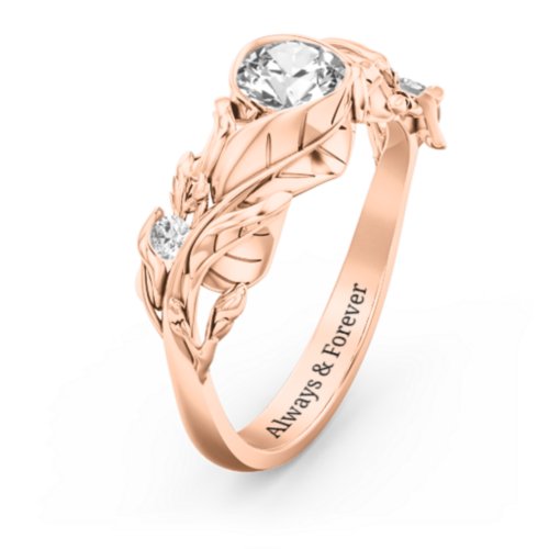 Solitaire Leaf Ring with Accent Stones – 10K Rose Gold with Cubic Zirconia