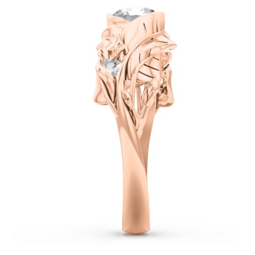 Solitaire Leaf Ring with Accent Stones – 10K Rose Gold with Cubic Zirconia