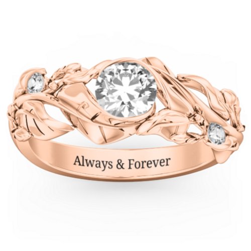 Solitaire Leaf Ring with Accent Stones – 10K Rose Gold with Cubic Zirconia