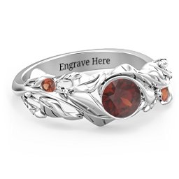 Solitaire Leaf Ring with Accent Stones in 925 Sterling Silver with Garnet
