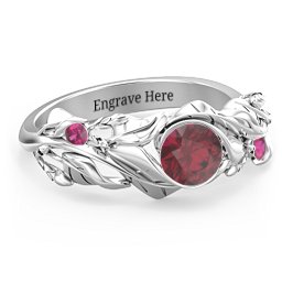 Solitaire Leaf Ring with Accent Stones in 925 Sterling Silver with Ruby
