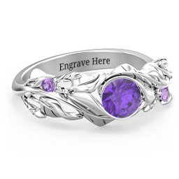 Solitaire Leaf Ring with Accent Stones in 925 Sterling Silver with Amethyst