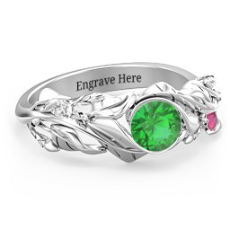 Solitaire Leaf Ring with Accent Stones in 925 Sterling Silver with Emerald, Ruby, and Cubic Zirconia