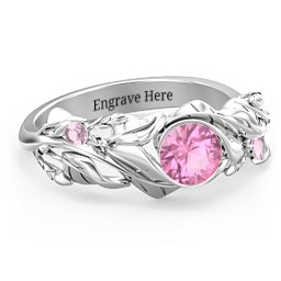 Solitaire Leaf Ring with Accent Stones in 925 Sterling Silver with Pink Tourmaline