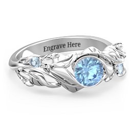 Solitaire Leaf Ring with Accent Stones in 925 Sterling Silver with Blue Topaz