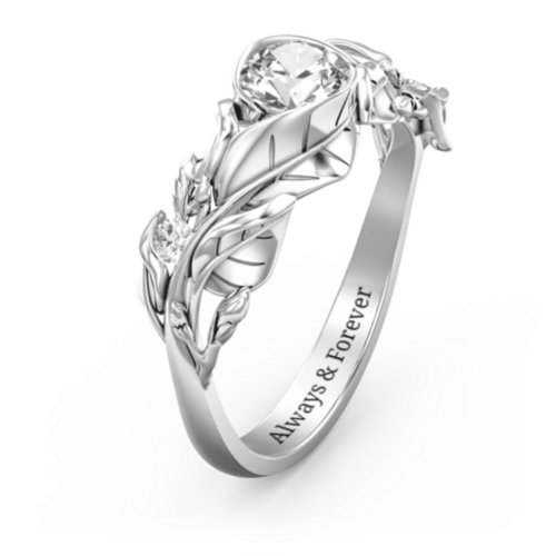Solitaire Leaf Ring with Accent Stones – Sterling Silver with Cubic Zirconia
