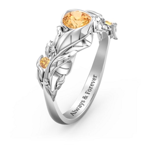 Solitaire Leaf Ring with Accent Stones – Sterling Silver with Citrine