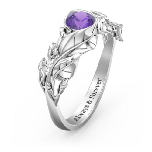 Solitaire Leaf Ring with Accent Stones – Sterling Silver with Lavender Premium Zirconia and Cubic Zirconia