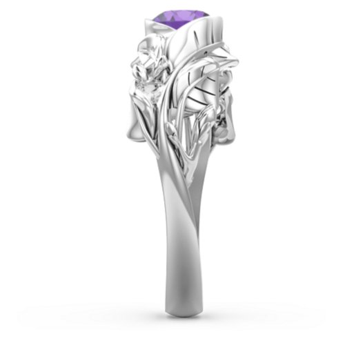 Solitaire Leaf Ring with Accent Stones – Sterling Silver with Lavender Premium Zirconia and Cubic Zirconia