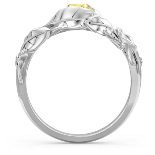 Solitaire Leaf Ring with Accent Stones – Sterling Silver with Citrine