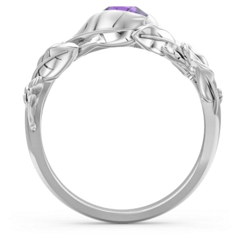Solitaire Leaf Ring with Accent Stones – Sterling Silver with Lavender Premium Zirconia and Cubic Zirconia