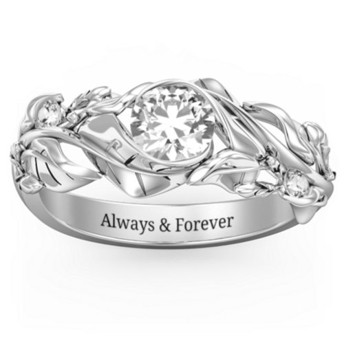Solitaire Leaf Ring with Accent Stones – Sterling Silver with Cubic Zirconia