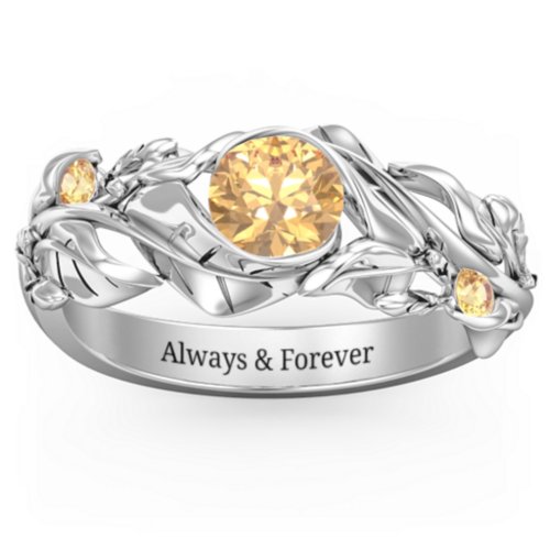Solitaire Leaf Ring with Accent Stones – Sterling Silver with Citrine