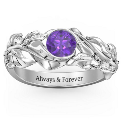 Solitaire Leaf Ring with Accent Stones – Sterling Silver with Lavender Premium Zirconia and Cubic Zirconia