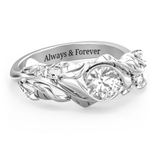 Solitaire Leaf Ring with Accent Stones – Sterling Silver with Cubic Zirconia