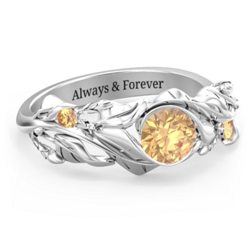 Solitaire Leaf Ring with Accent Stones – Sterling Silver with Citrine