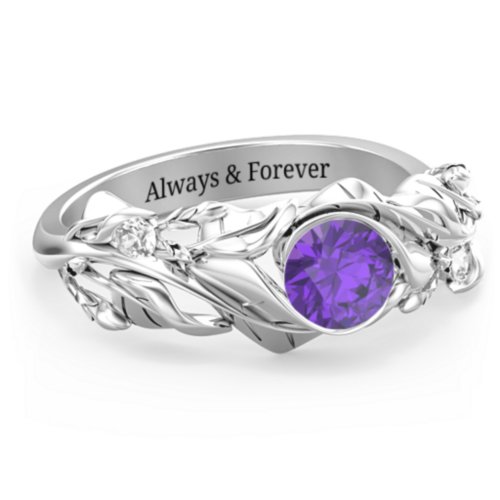 Solitaire Leaf Ring with Accent Stones – Sterling Silver with Lavender Premium Zirconia and Cubic Zirconia