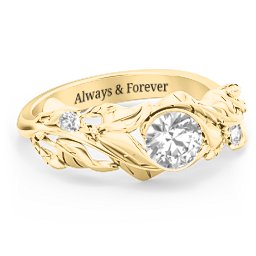 Solitaire Leaf Ring with Accent Stones in 10K Solid Yellow Gold with Diamond
