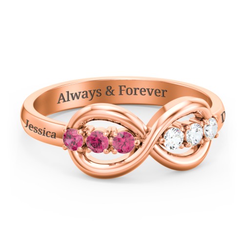 Engravable Infinity Ring with Birthstones – 10K Rose Gold with Ruby and Cubic Zirconia