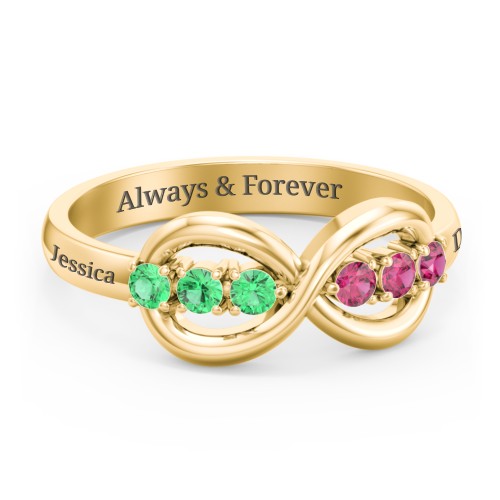Engravable Infinity Ring with Birthstones – 10K Yellow Gold with Emerald and Ruby