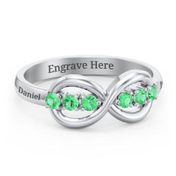 Engravable Infinity Ring with Birthstones in 925 Sterling Silver with Emerald