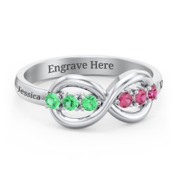 Engravable Infinity Ring with Birthstones in 925 Sterling Silver with Emerald and Ruby