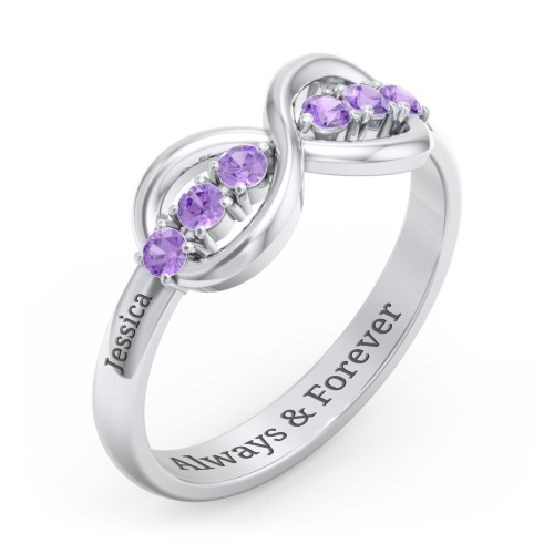Engravable Infinity Ring with Birthstones – Sterling Silver with Amethyst