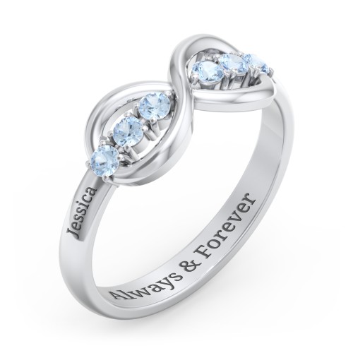 Engravable Infinity Ring with Birthstones – Sterling Silver with Blue Topaz