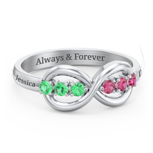 Engravable Infinity Ring with Birthstones – Sterling Silver with Emerald and Ruby