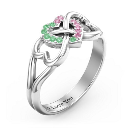 Triple Heart Infinity Ring – Sterling Silver with Green Premium Zirconia and Red Premium Zirconia