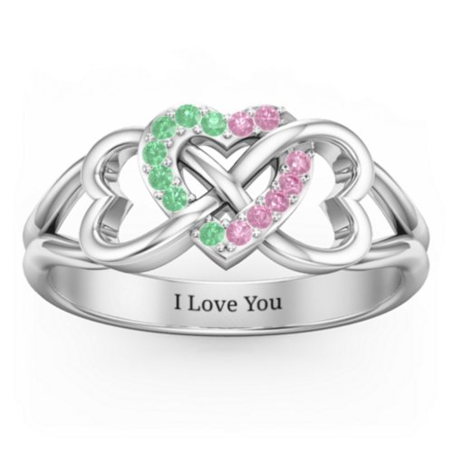Triple Heart Infinity Ring – Sterling Silver with Green Premium Zirconia and Red Premium Zirconia