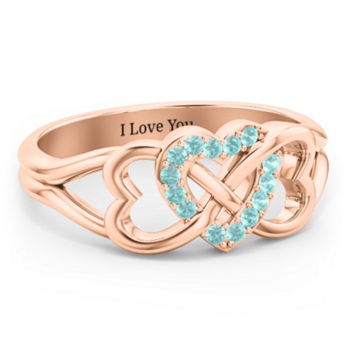 Triple Heart Infinity Ring – 10K Rose Gold with Mint Premium Zirconia