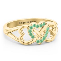 Triple Heart Infinity Ring in 18K Gold Plated Silver with Green Premium Zirconia