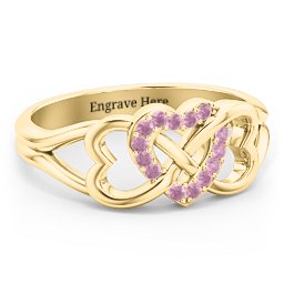 Triple Heart Infinity Ring in 18K Gold Plated Silver with Red Premium Zirconia