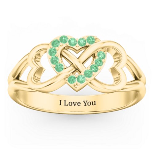 Triple Heart Infinity Ring – 18K Gold Plated Silver with Green Premium Zirconia