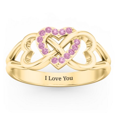 Triple Heart Infinity Ring – 18K Gold Plated Silver with Red Premium Zirconia