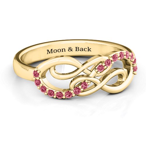 Everlasting Infinity Ring with Gemstones – 10K Yellow Gold with Red Premium Zirconia