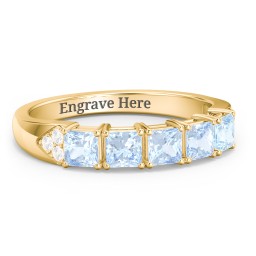 Classic 2-7 Princess Cut Ring with Accents in 10K Solid Yellow Gold with Aquamarine and Cubic Zirconia