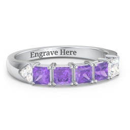 Classic 2-7 Princess Cut Ring with Accents in 925 Sterling Silver with Amethyst and Diamond