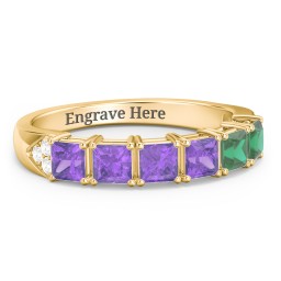 Classic 2-7 Princess Cut Ring with Accents in 10K Solid Yellow Gold with Amethyst and Emerald
