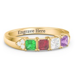 Classic 2-7 Princess Cut Ring with Accents in 10K Solid Yellow Gold with Emerald, Ruby, Cubic Zirconia, Amethyst, and Pink Tourmaline