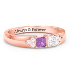Classic 2-7 Princess Cut Ring with Accents in 10K Solid Rose Gold with Amethyst and Cubic Zirconia
