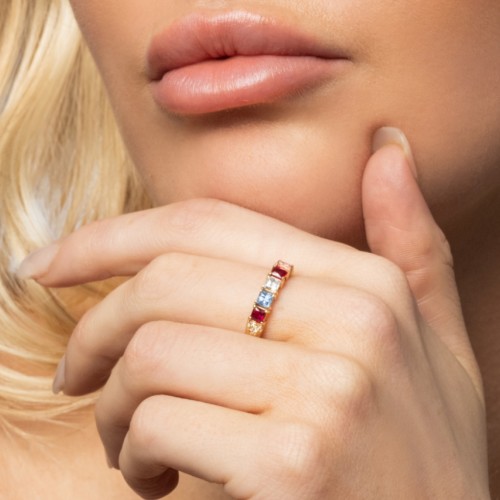 Classic 2-7 Princess Cut Ring with Accents – 10K Rose Gold with Pink Tourmaline, Ruby, Cubic Zirconia, and Blue Topaz