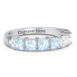 Classic 2-7 Princess Cut Ring with Accents in 925 Sterling Silver with Aquamarine and Cubic Zirconia