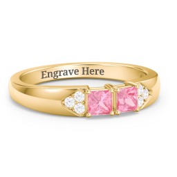 Classic 2-7 Princess Cut Ring with Accents in 10K Solid Yellow Gold with Pink Tourmaline and Cubic Zirconia