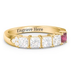 Classic 2-7 Princess Cut Ring with Accents in 10K Solid Yellow Gold with Cubic Zirconia and Ruby