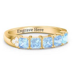 Classic 2-7 Princess Cut Ring with Accents in 10K Solid Yellow Gold with Blue Topaz and Cubic Zirconia