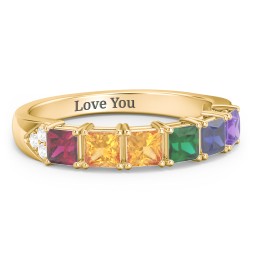 Classic 2-7 Princess Cut Ring with Accents in 10K Solid Yellow Gold with Ruby, Citrine, Cubic Zirconia, Emerald, Blue Sapphire, and Amethyst