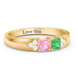 Classic 2-7 Princess Cut Ring with Accents in 10K Solid Yellow Gold with Pink Tourmaline, Emerald, and Cubic Zirconia